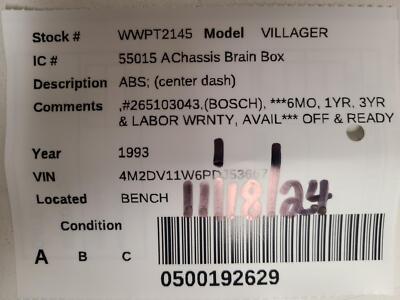 Used ABS Control Module fits: 1993 Mercury Villager ABS center dash Grade A