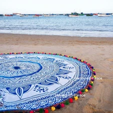 Indian Blue Ombre Mandala Tapestry Round Throw Blanket Hippie Beach Yoga Mat