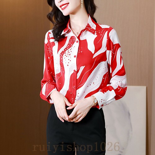 Fashion Women Printed Long Sleeve Silk Button Down Shirt Ladies Work