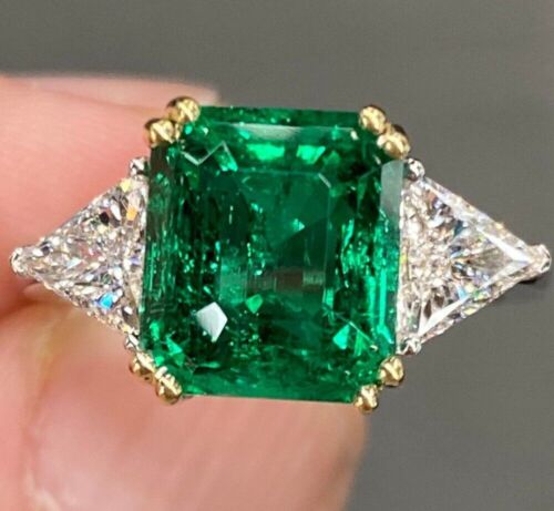 Platinum Ring Lab Created Diamond 4.80 Ct Green Emerald PT950 Band Sizes 5 6 7 8 - Picture 1 of 11