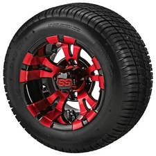 (4) Golf Cart 205/50-10 Deli Low Profile Tires on 10x7 Red/Black Vampire Wheels