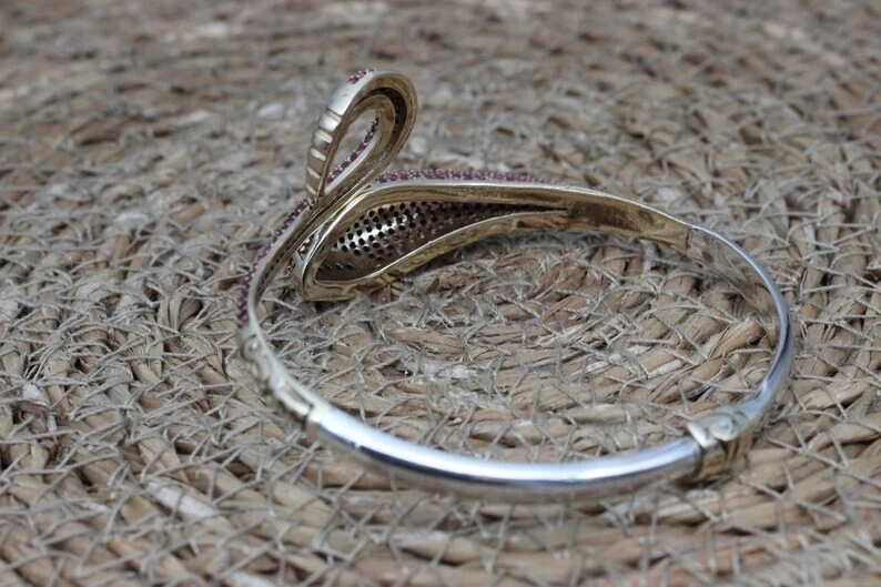 Elegant Snake Shape With 3.52 CT Round Cut Pink Ruby 935 Silver Bangle Bracelet - Image 4 of 4