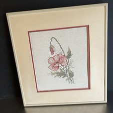 Counted Cross Stitch Poppy Flower Framed Double Matted Hand Made Vintage 12 "