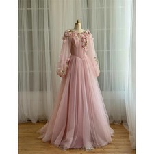 Pink Prom Dresses O-Neck Puff Sleeves Flower Appliques Tulle Floor-Length Gown