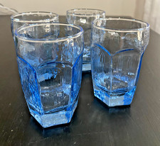 Set Of 4 Vintage Libbey Chivalry Blue Juice Glasses Hexagonal Textured Ice Blue
