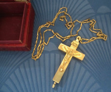 RELIQUAIRE RELIQUES GRANDE CROIX PECTORALE BRONZE + CHAINE écrin de