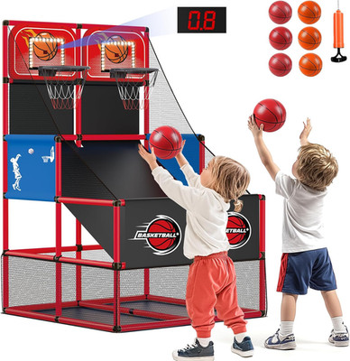 Kids Double Basketball Hoop Game Set with LED Scoreboard & 6 Balls