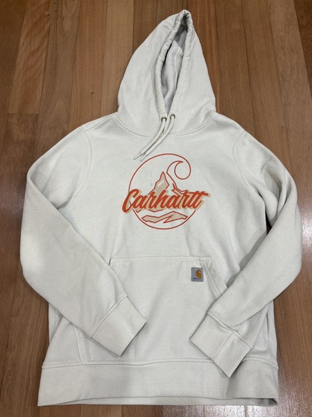 Carhartt Hoodie White Relaxed Fit Graphic Mountain Logo Sweatshirt Size M 10 12