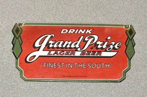 VINTAGE GRAND PRIZE BEER LAEGER PORCELAIN SIGN GAS CAR TRUCK OIL MOTORCYCLE