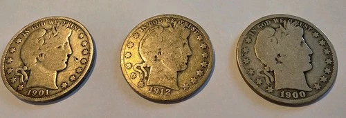 3 Barber Half Dollars, 90% Silver. 1912-D, 1901 no mint, 1900 no mint