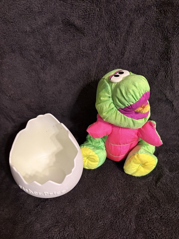 1992 Puffalump Fisher Price Baby Dinosaur w/ Egg T-Rex Green Pink Nylon