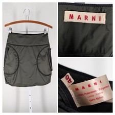 Marni Designer Mini Skirt Olive Green Bubble Hem Tech Zip Pockets Italy 40 2000s