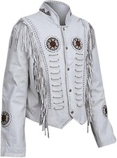 Women  s Western Cowgirl White Suede Leather Fringe Jacket Studded Lace-Up Coat