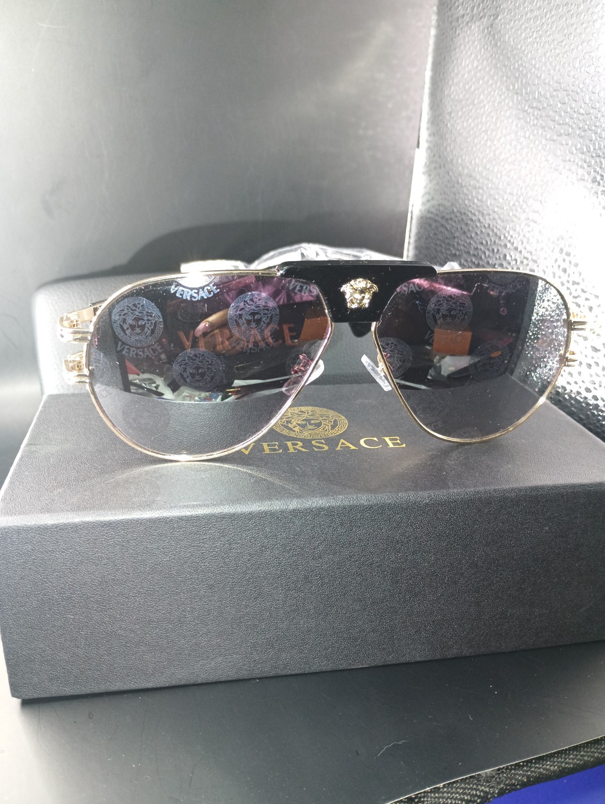Versace Aviator Designer Sunglasses Gold Metal Frame Black Tinted Lenses Men