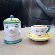 WCL Clay Art Anthropomorphic Coffee Pot & Cup and Saucer Salt & Pepper Shakers