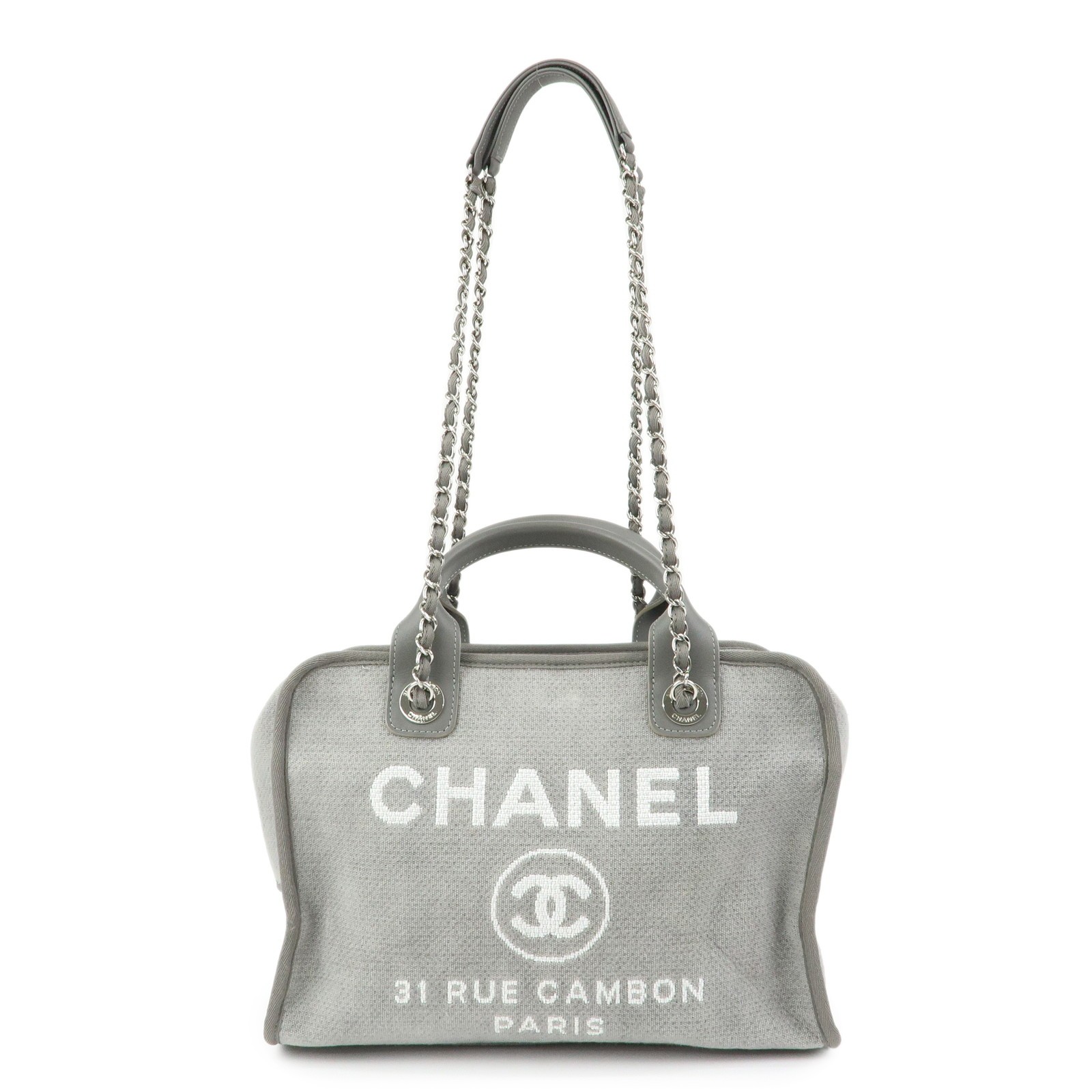 CHANEL Deauville Canvas Leather 2Way Boston Chain Shoulder Bag Gray Used F/S