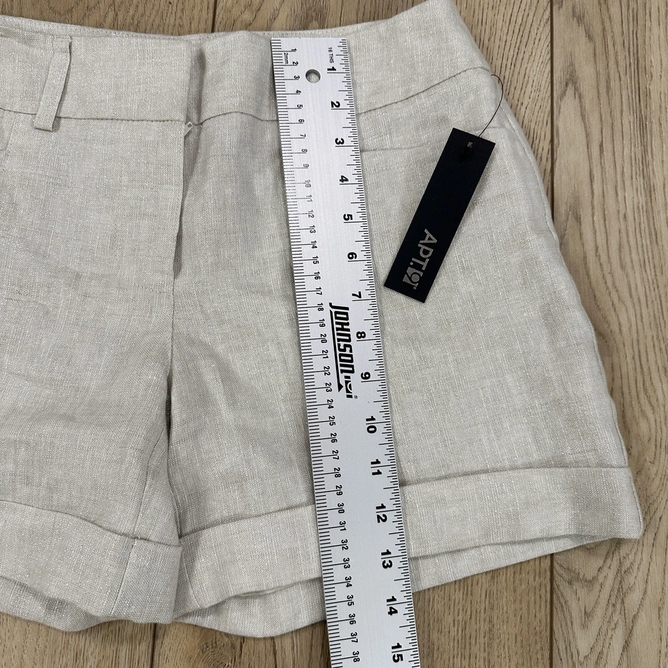 Nuevo con etiquetas Pantalones Cortos Apt.9 Mujer Frente Plano Lino Metálico Talla 4 Bolsillos Puños Beige Foto 2 de 4