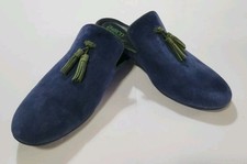 Women's 8M BORN CORRIN BLUE SUEDE LEATHER MULES SLIDES SHOES with GREEN TASSELS