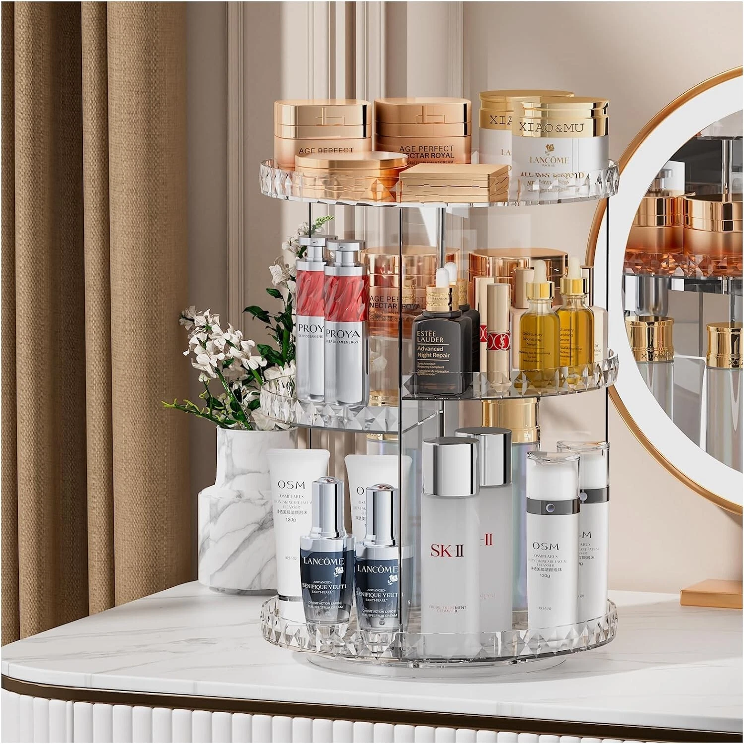 360° Rotating Makeup Organizer, Adjustable Layer with Brush Holder Perfume Tray