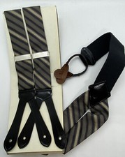 RIGA Accessories Men's Suspenders Leather Fabric Black Brown Striped Button 1.25