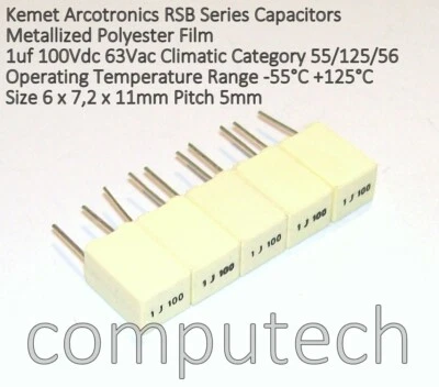 KEMET ARCOTRONICS 5 pezzi 1uF 100V 5% Condensatore Film Poliestere Metallizzato KEMET RSB Serie