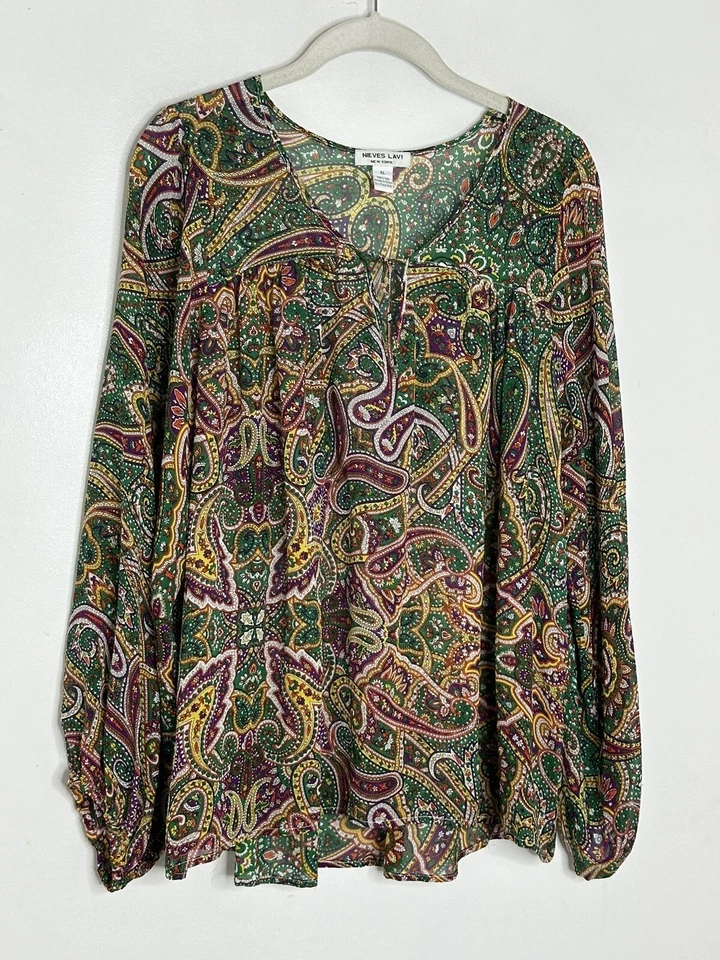 Blusa Nieves Lavi New York 100 % seda cachemira manga globo semi transparente talla XL Foto 2 de 4