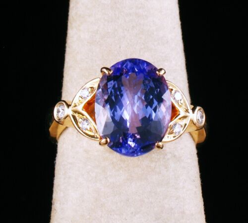 ESTATE FINE OVAL CUT NATURAL TANZANITE & DIAMOND SOLID 18K YELLOW GOLD RING