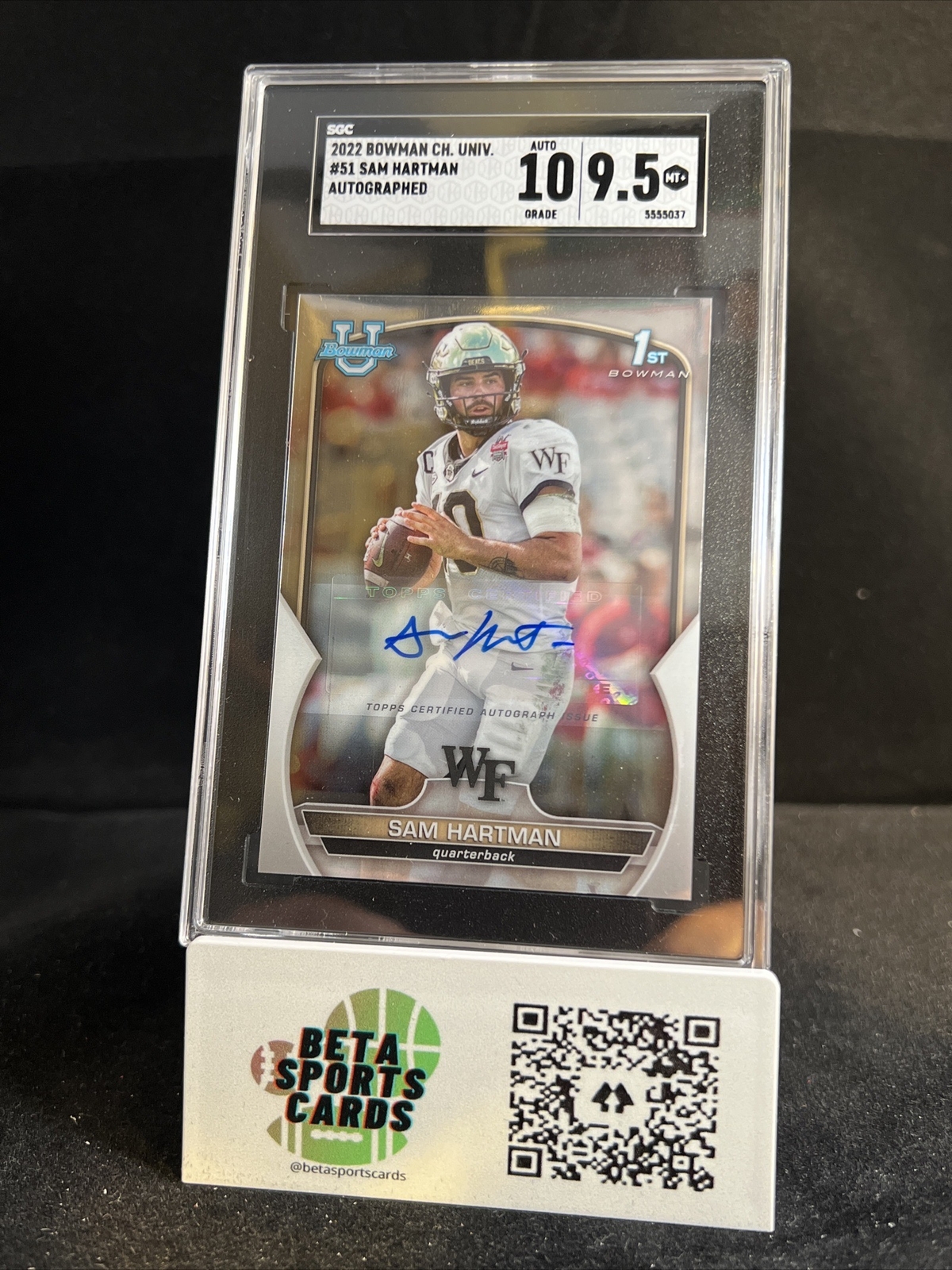 2022 Bowman Chrome University Sam Hartman AUTO SGC 10 9.5 Notre Dame FREE SHIP