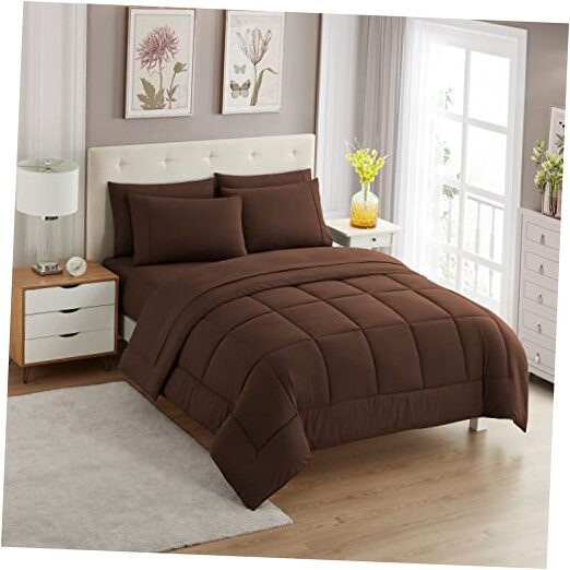7 Piece Comforter Set Bag Solid Color All Season Soft Down Twin 1 Brown