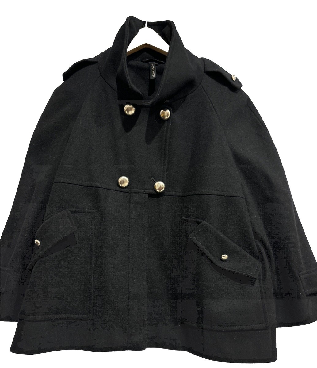 Topshop Jacket Womens 14 Black Casualcore Button Up Wool Blend Winter Pea  Coat