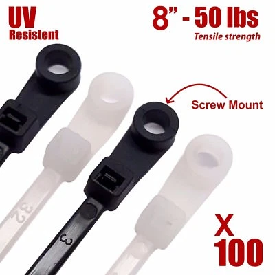 NiftyPlaza 8 Inch Mount Cable Ties 50 lbs Heavy Duty 100 Nylon Wrap Zip Ties