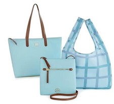 JOY Luxe 3 PC Genuine Leather Handbag, Chic Crossbody with Shopper Tote, Aqua