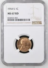 1954 S Lincoln Wheat Cent NGC MS67 RD Red Mint State Graded Certified Copper