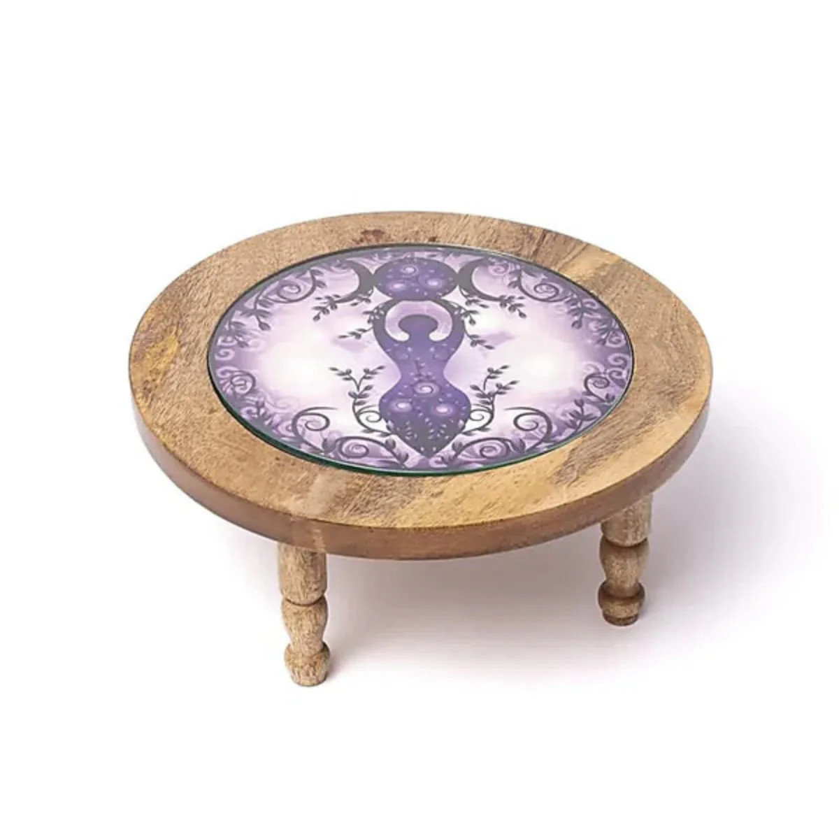 Moon Goddess Print Glass Topped Altar Table 30cm x 12.5cm - Mango Wood