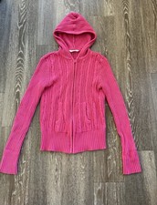 VTG Arizona Hot Pink Hooded Full Zip Cable Knit Sweater Sz XS Y2K