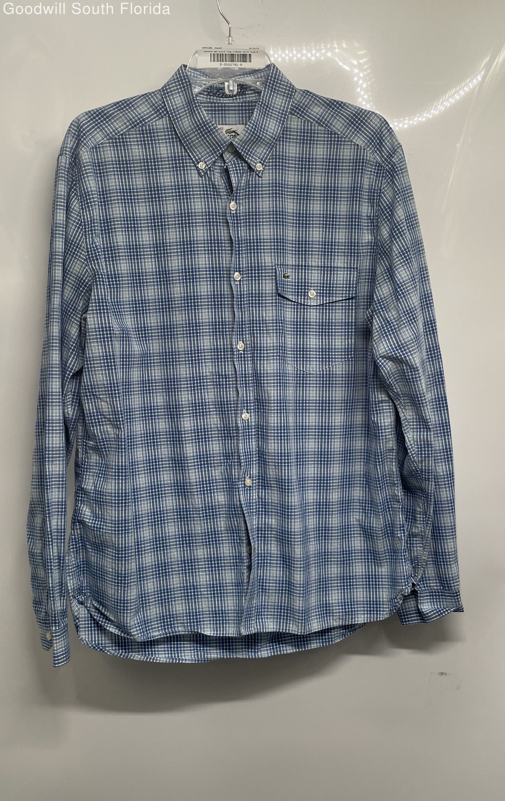 Lacoste Mens Blue Plaid Long Sleeve Collared Slim Fit Button-Up Shirt Size M