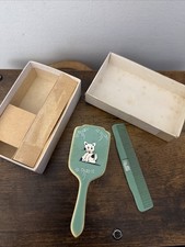 Vintage Celluloid Baby Comb and Brush In Original Box Animal Design  White Bows