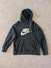 Vintage Nike Hoodie Black Fleece White Logo Swoosh Stripes Unisex Large Y2K