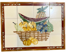 VTG Ceramic Tile Relief Mural Fruit Basket Kitchen Backsplash Wall Art 24 Wx18 H