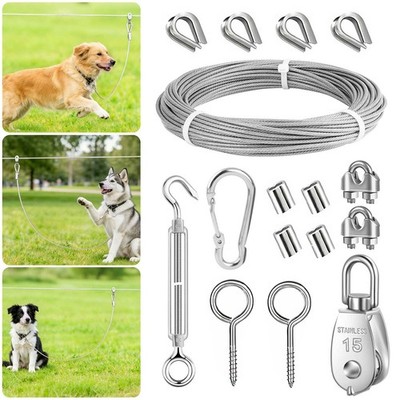 50FT Dog Tie Out Runner Stainless Steel Cable Pulley System Heavy Duty Yard Camp