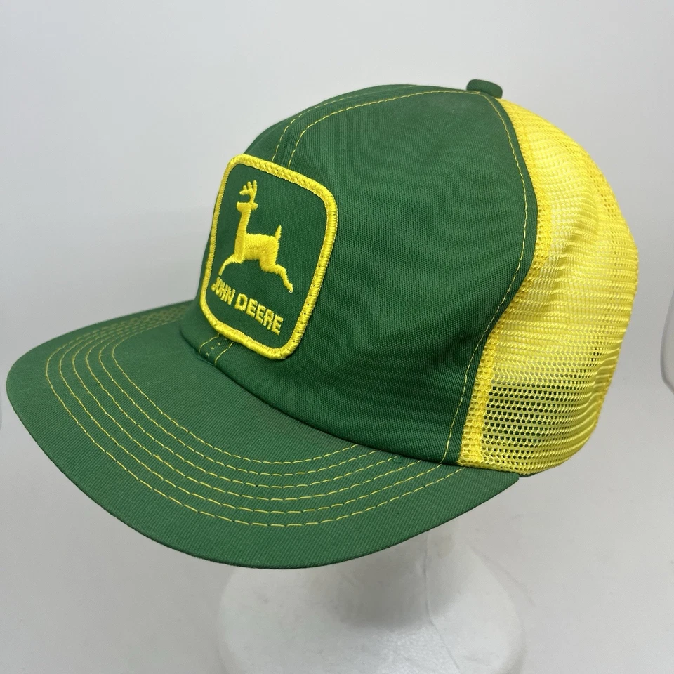 Vintage John Deere K Products Old Logo USA Green w/ Yellow Mesh Snapback Hat - Image 4 of 4