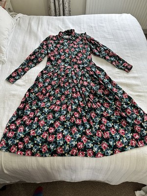 Vintage Laura Ashley schwarz blau rosa Blumen Langarm Midi Maxikleid 14 80er