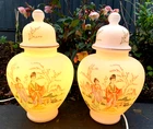 Vintage 60s 70s Italian Geisha ginger jar milk glass side table lamps oriental