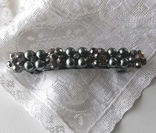 BEAUTIFUL DARK GRAY RHINESTONE FAUX PEARL FRENCH CLIP BAR BARRETTE-EUC