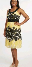 Cato Size 14 Yellow Black Abstract Floral Sleeveless Faux Belt Lined Midi Dress