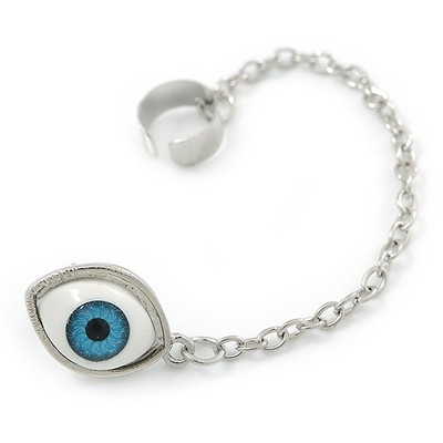 One Piece Evil Eye Stud & Chain Ear Cuff In Silver Plating