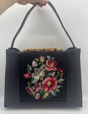 Vintage Needlepoint Floral Handbag Black Top Handle Purse Gold Clasp 12  