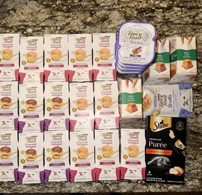 25 Pack Fancy Feast Variety + Sheba Puree Cat Food Wet Treats Mix