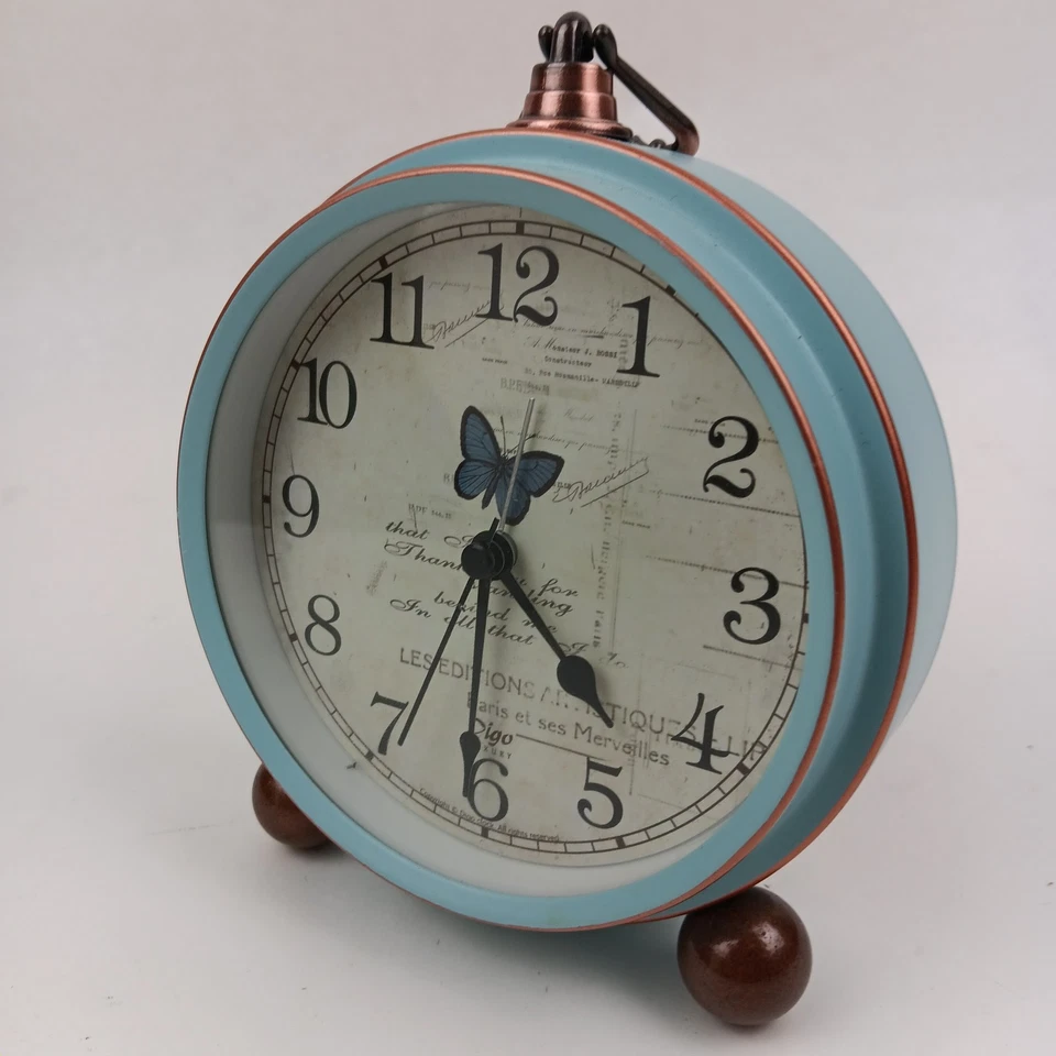 Blue Butterfly Alarm Clock Retro Vintage Look Paris Decor Desk Table Home Art - Image 4 of 4