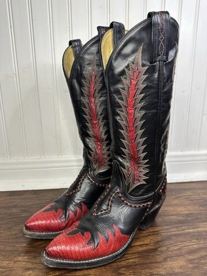 Tony Lama Firewalker Western Cowboy Boots Womens 5B Black & Red Lizard Inlay